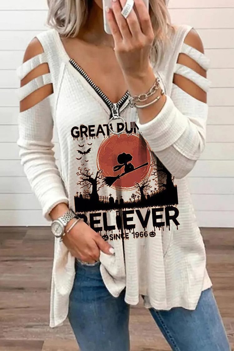Women's Pullovers Slogan Print Cold Shoulder Pullover-Mayoulove