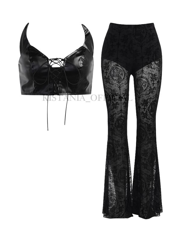 Little Devil Solid Color Lace Up Cutout Tube Top + Velvet Paneled See Through Flare 2-pieces Sets