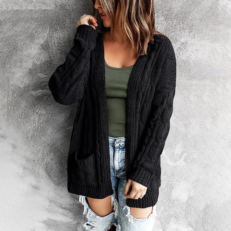 Women's Solid Color Pocket Long Twist Knitted Cardigan Coat