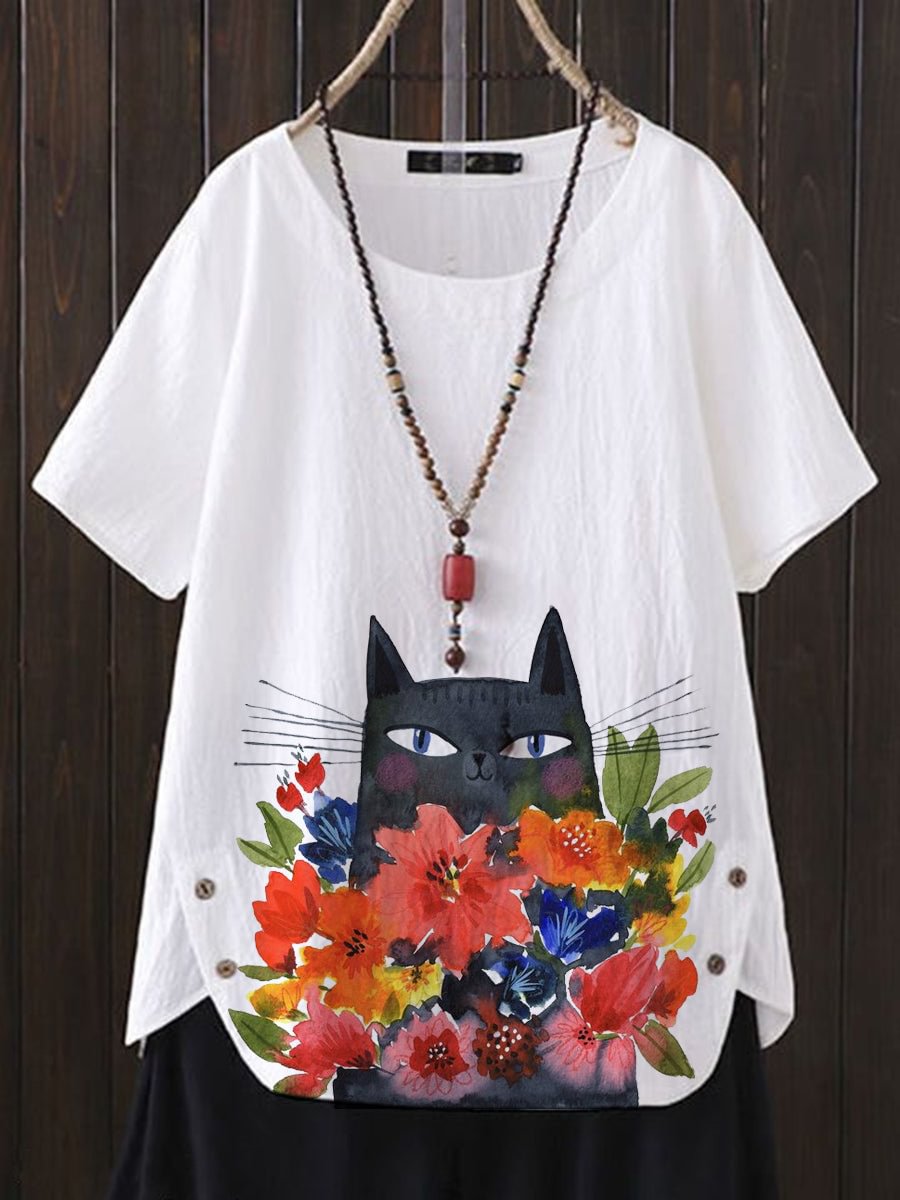 Casual Cat And Floral Printed Linen Top