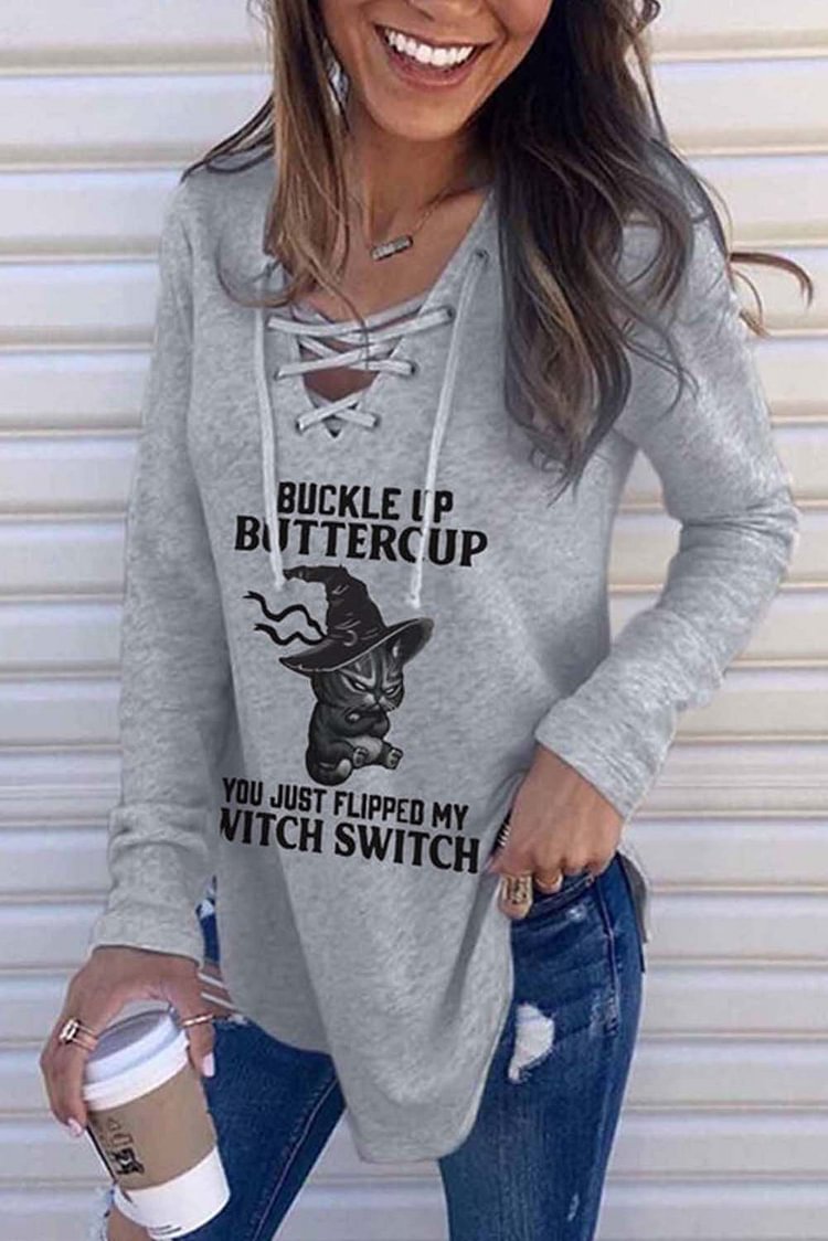 Women's Sweatshirts Cat Letter Criss Cross Sweatshirt-Mayoulove