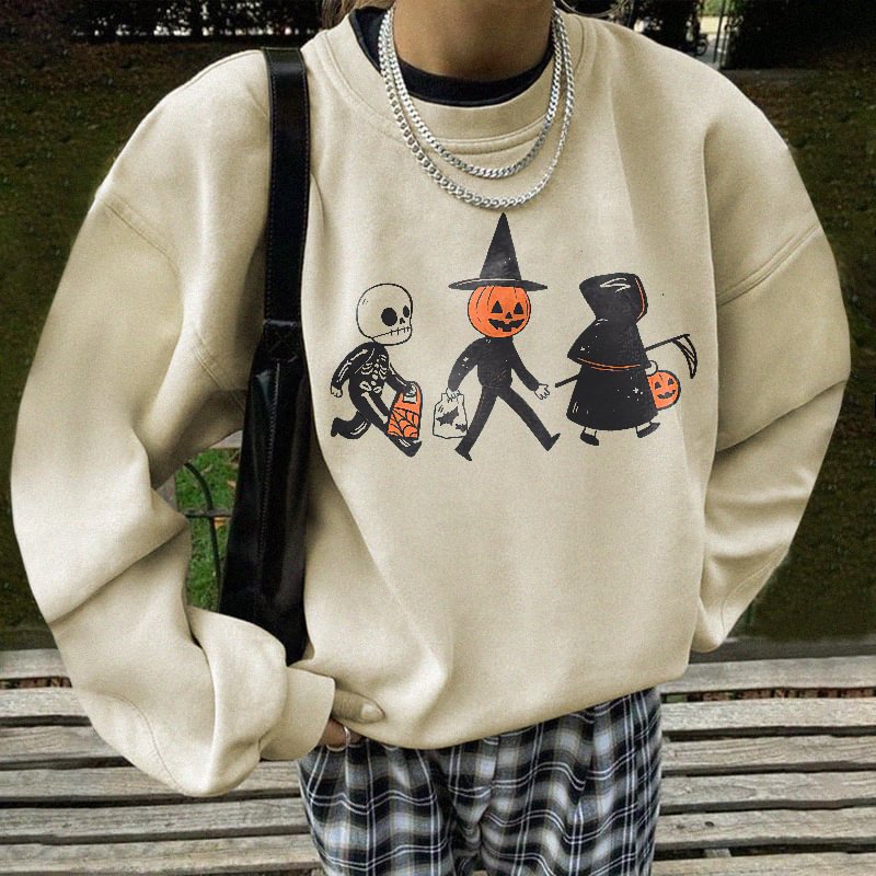 Classic Featured Witch Skeleton Pumpkins Printed Sweatshirt - Krazyskull