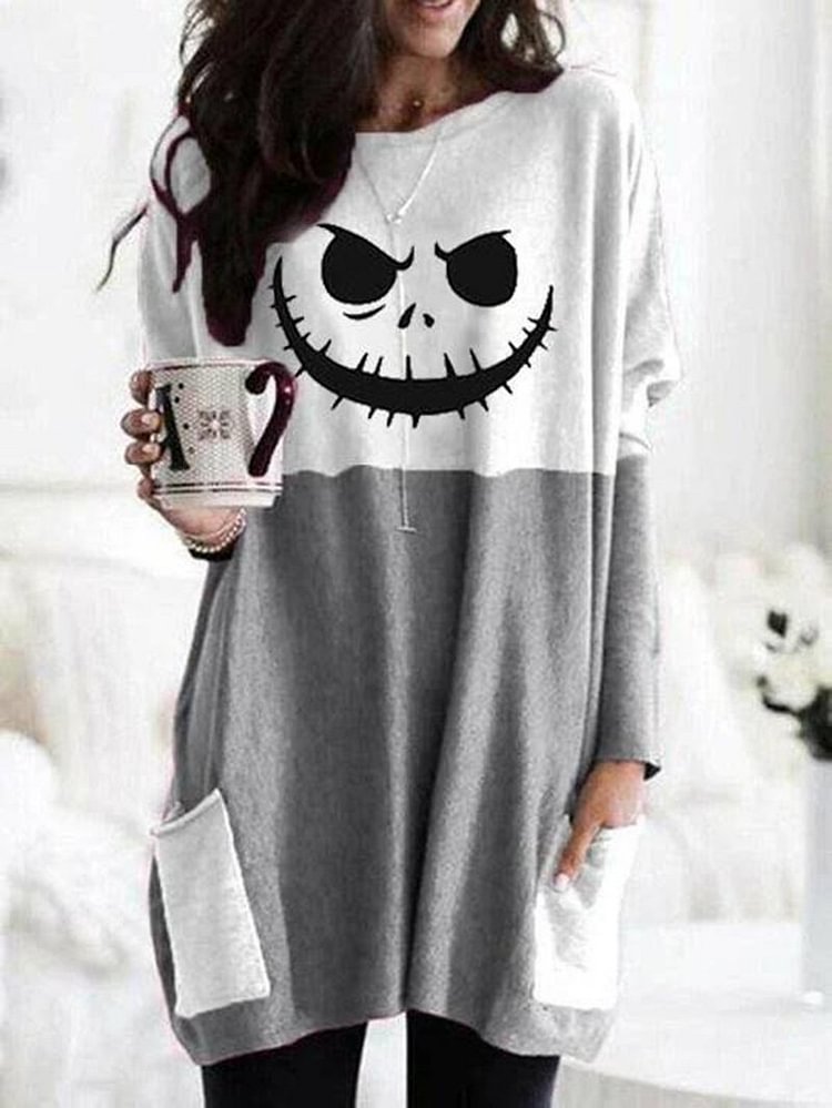 Round Neck Funny Print Long-sleeved Loose Long T-shirt-Mayoulove