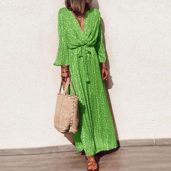 Classy Green Print V-Neck Long Sleeve Maxi Dress-Corachic