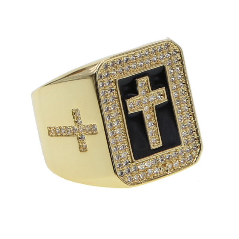 Iced Out Black Enamel Gold Plated Hip Hop  Men's Cross Ring-VESSFUL