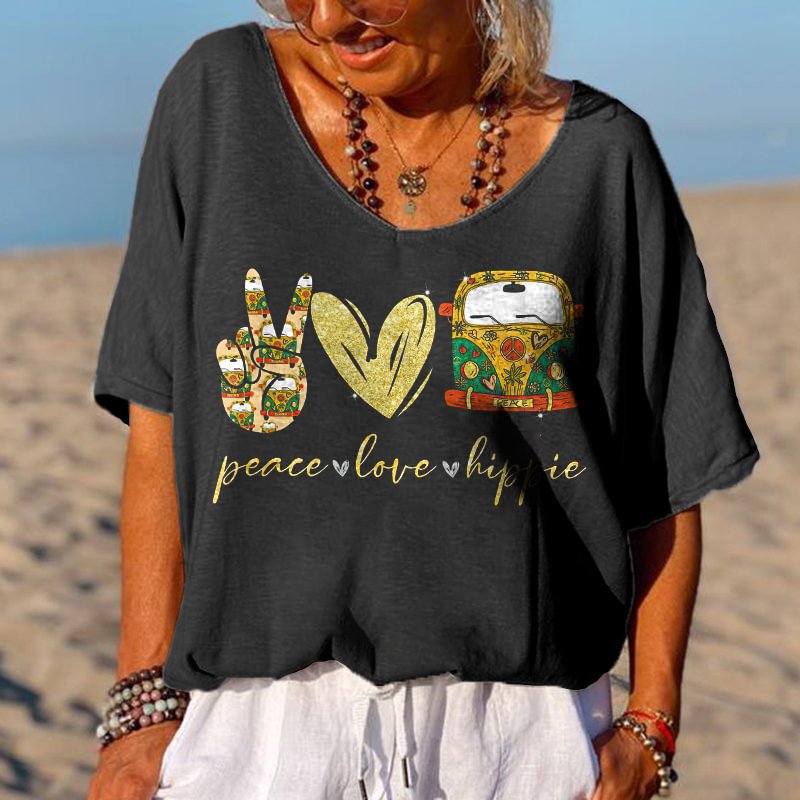 Peace Love Hippie Heart Hippie Van Printed T-shirt