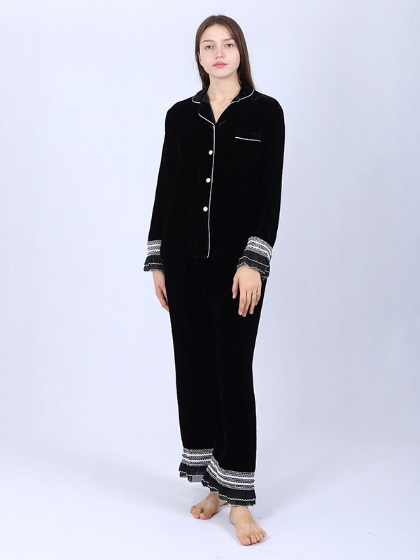Silk Velvet Pajamas For Women With Contrast Lace Trim