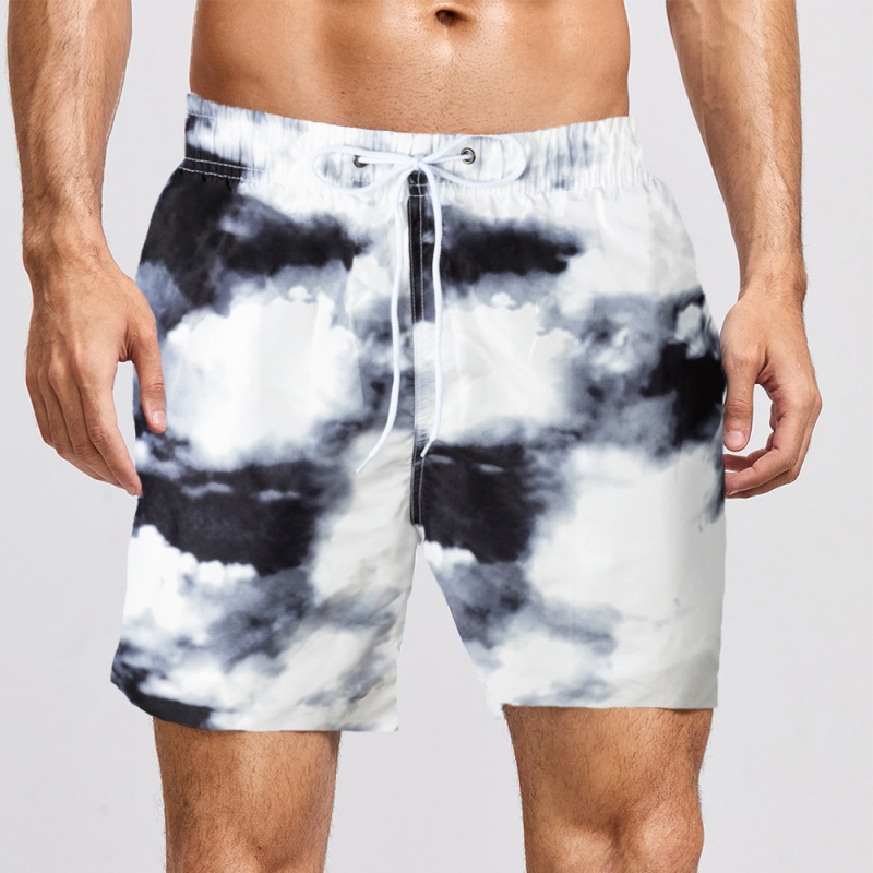Black&White Tie Dyed Men's Surfing Swimming Beach Shorts-VESSFUL