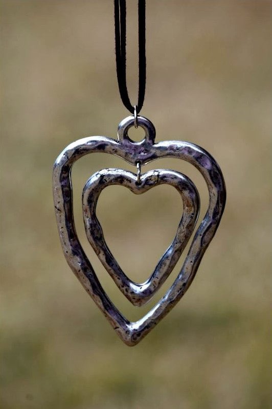 Double Heart Brown Leather Long Necklace