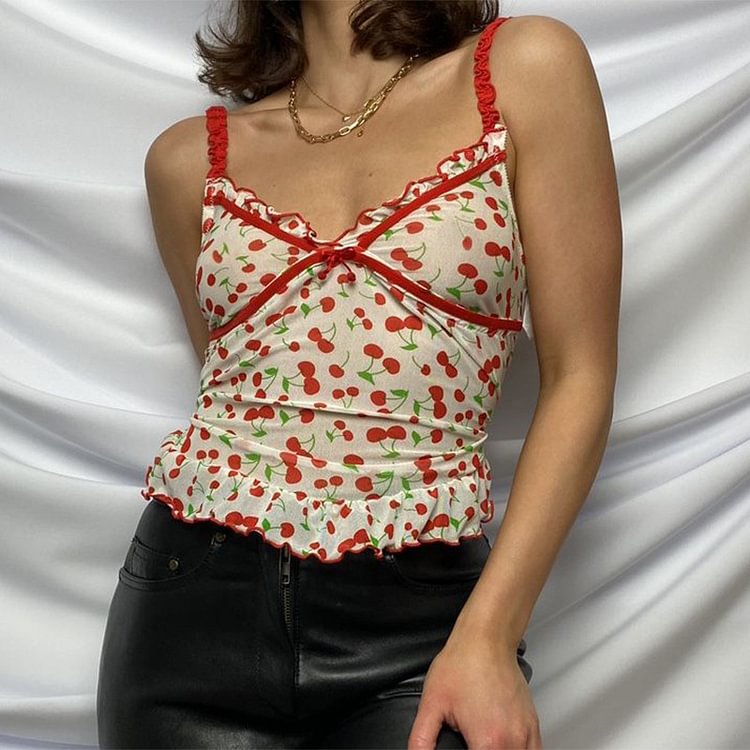 Cherry Bowknot Lace Ruffle Tulle Cami - CODLINS - codlins.com