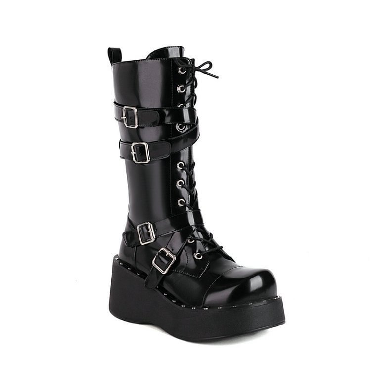 Punk Street Fashion Straps Lace Up Black Wedge Boots