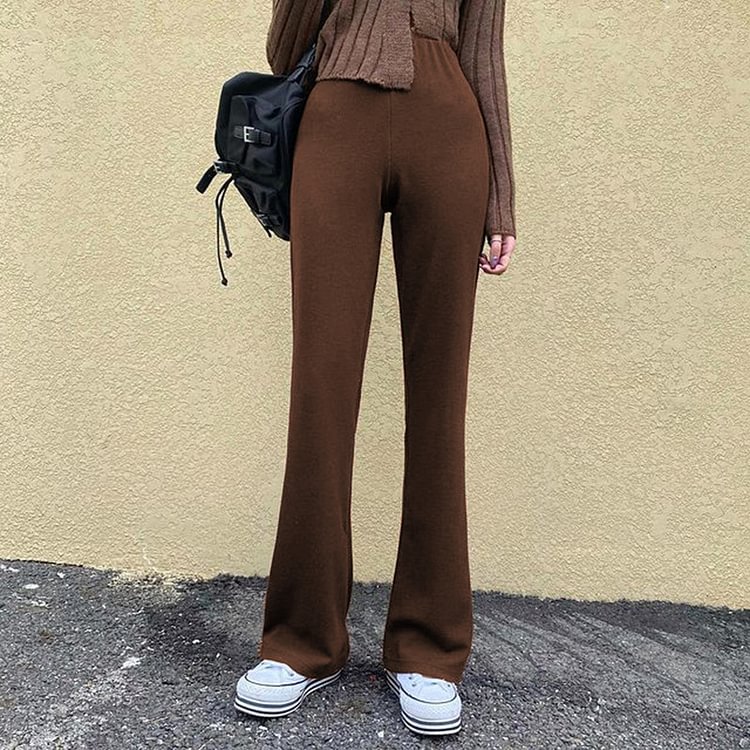 Leisure Brown Solid Slim Flared Knitted Trousers - CODLINS - codlins.com
