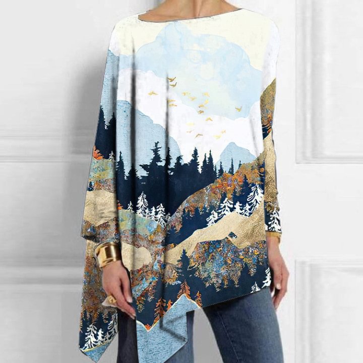 Womens Vintage Spring Mountain Scenery Design Casual Blouse