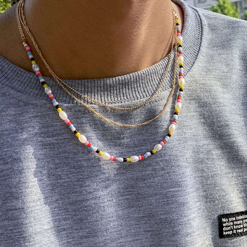 5MM Multi-layer White Pearl Rainbow Bead Chain Necklace Men Jewelry-VESSFUL