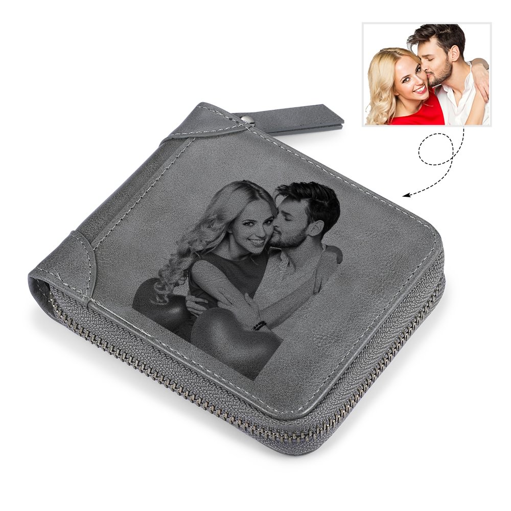 Custom Photo Engraved Wallet With Zipper, Short Style - Gray Leather