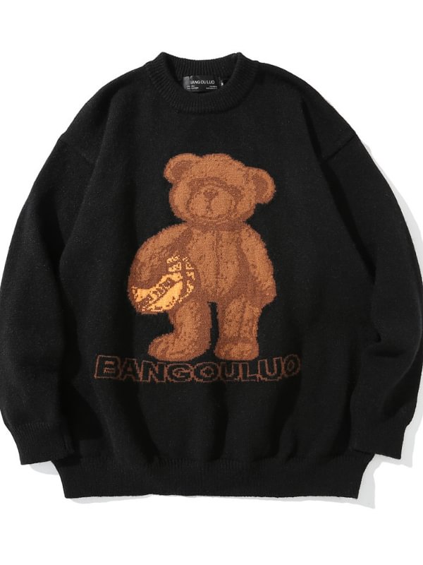 Adorkable Bear & Letter Intarsia Solid Color Crew Collar Long Sleeve Oversize Sweater