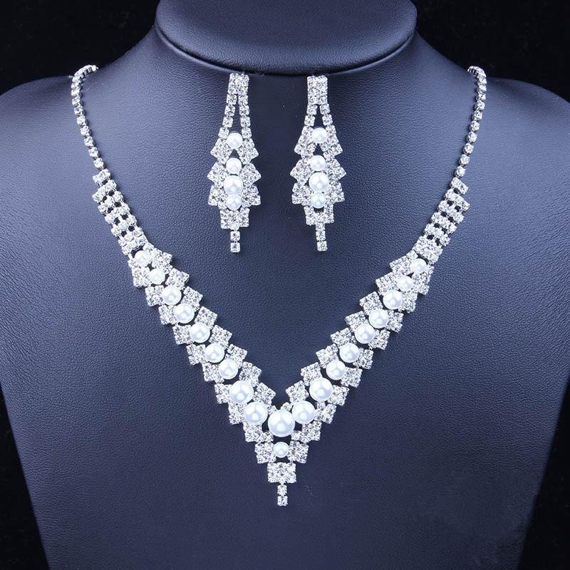 Rhinestone Crystal Pearl V shape African Choker Necklace Earrings Set-VESSFUL
