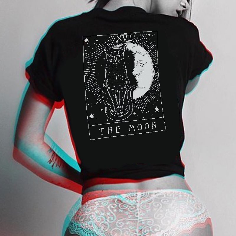 THE MOON cat print loose T-shirt designer - Krazyskull