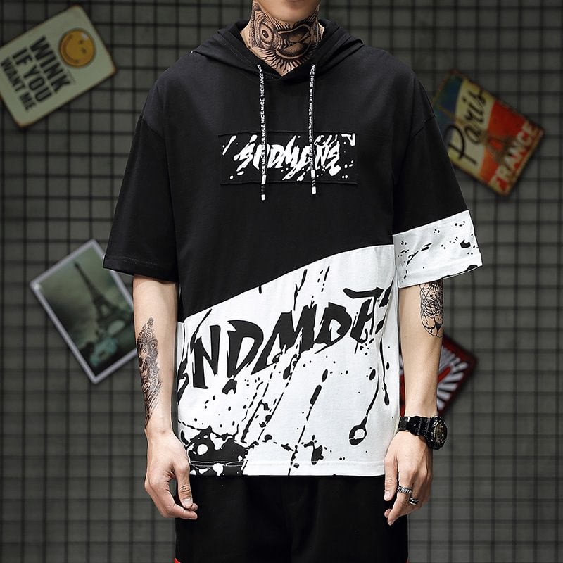 Splash Ink Summer Casual Loose Black White / Yellow Gray Patchwork Hooded T-shirt