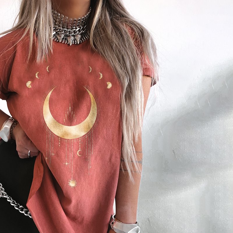   Moon Print Women's Round Neck T-shirt - Neojana