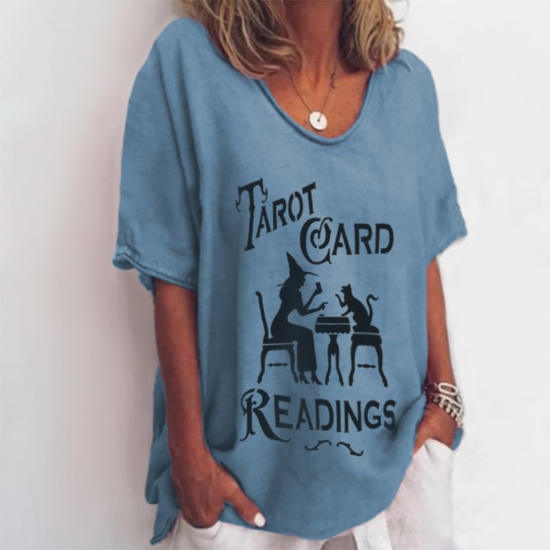 Tarot Card Readings Witch And Cat Print V-neck Loose T-shirt