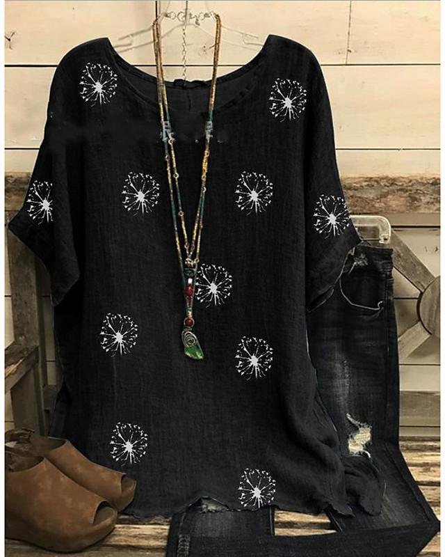 Women's Plus Size Blouse Shirt Floral Holiday Flower Print Round Neck Tops Loose Boho Basic Top Black Wine Green / Sunflower-824-Corachic
