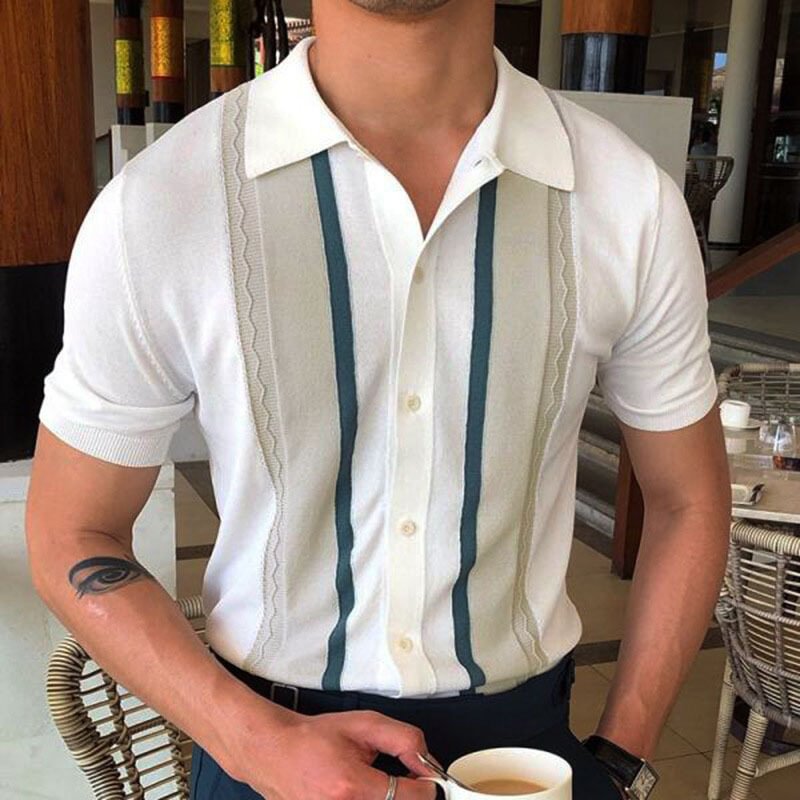 Men's Casual Knitwear Short-Sleeved Striped Shirts-VESSFUL