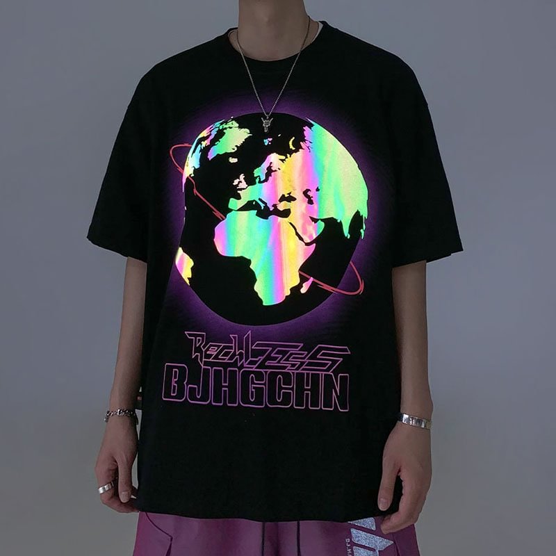 Bright Reflective Globe Print Short Sleeve T-Shirt / Techwear Club / Techwear