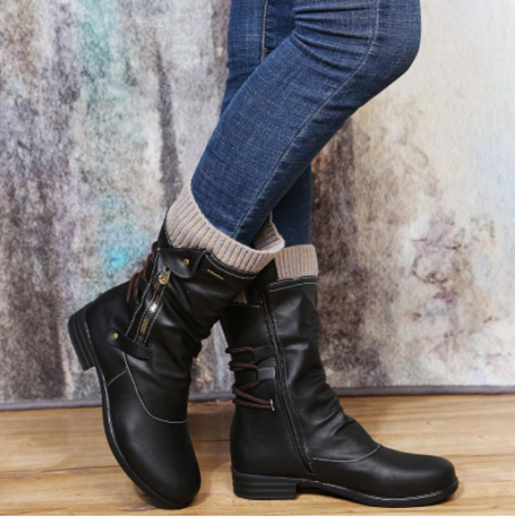 Women High Boots Winter Female High Heels Shoes Leather Platform Zip Shoes