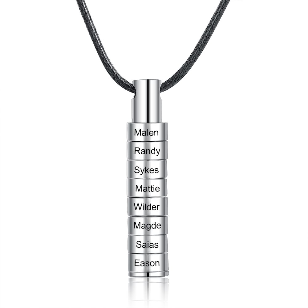 Personalized Engraved Cylinder Bar 8 Names Necklace Men - Family Long Vertical Bar Cylindrical Necklace