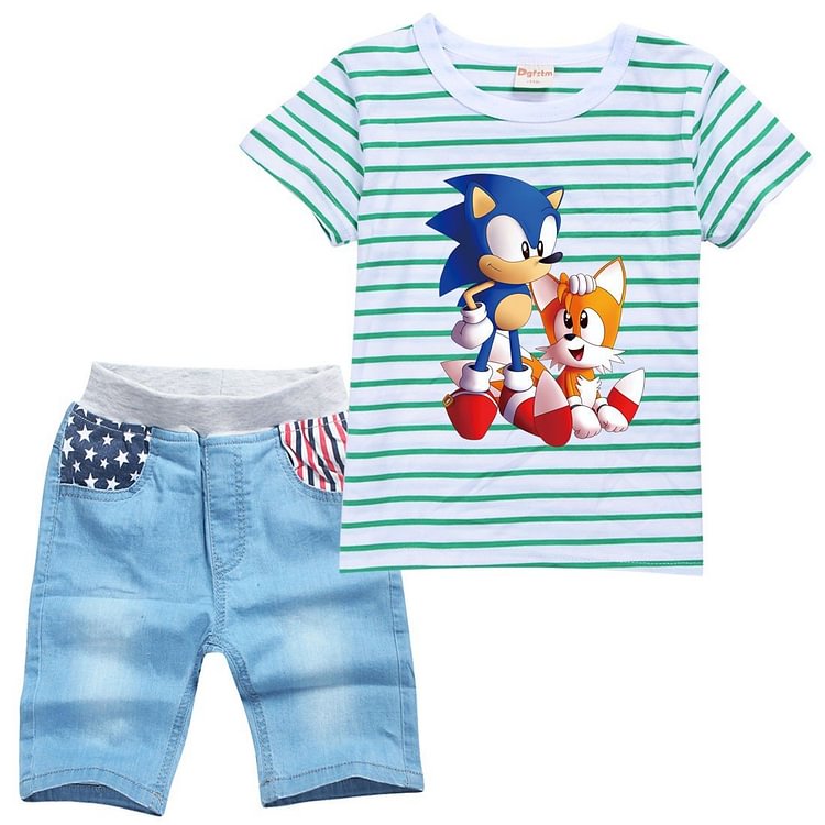 Boys Striped Sonic The Hedgehog Print Girls T Shirt Denim Shorts Sets-Mayoulove