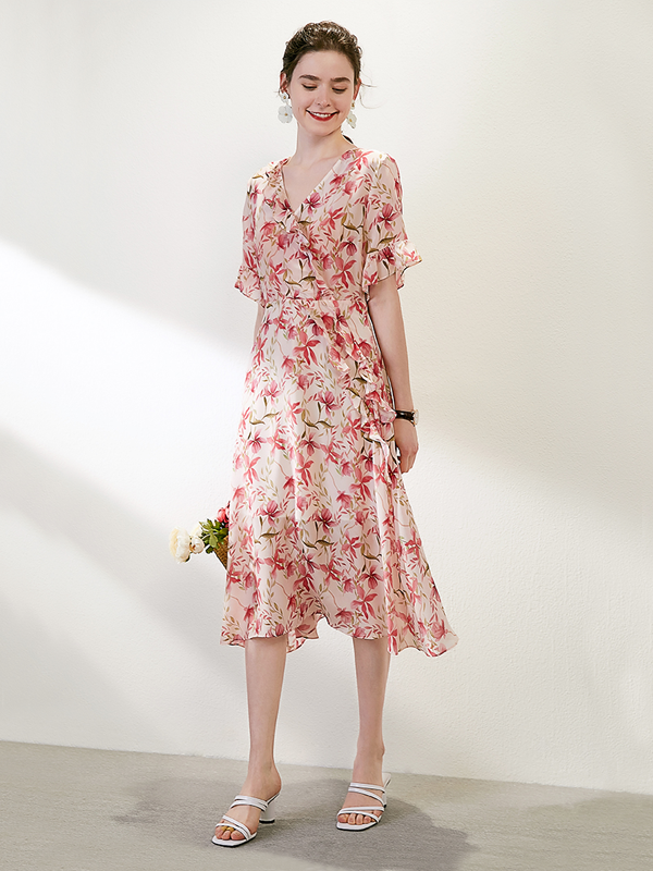 Robe en soie rose floral élégante style français-Soieplus