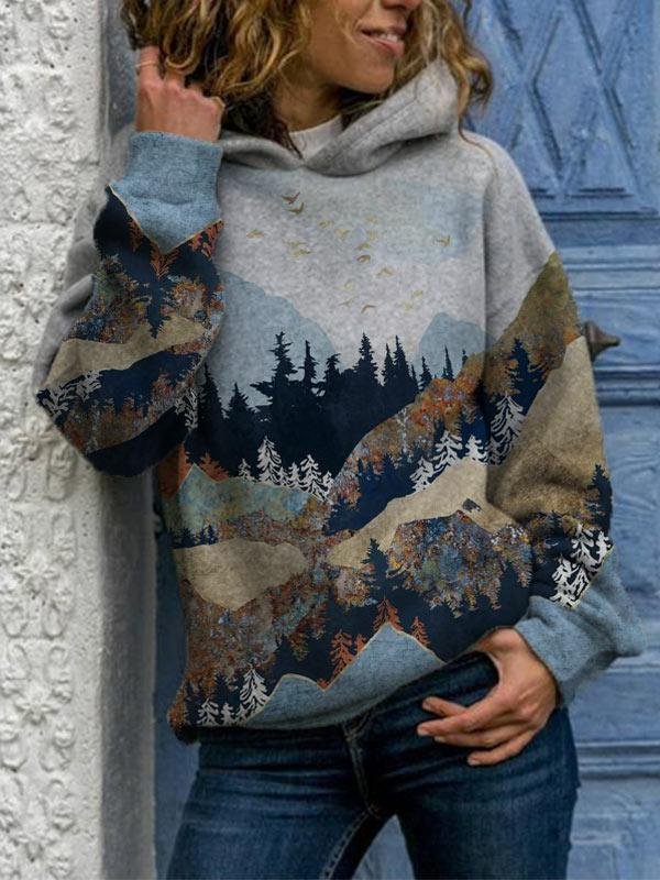 Ladies Mountain Treetop Print Hooded Sweatshirt
