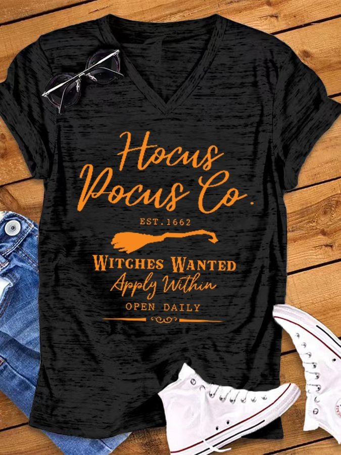 Women's Halloween Witch Graphic Casual V-Neck Tee