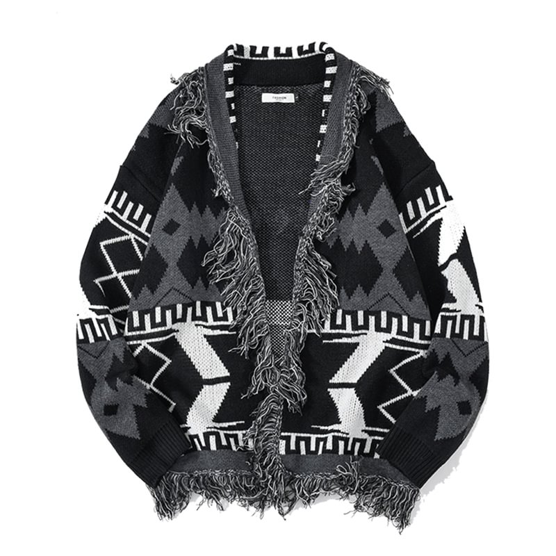 Rhombus Frayed Ripped Knitted Cardigan