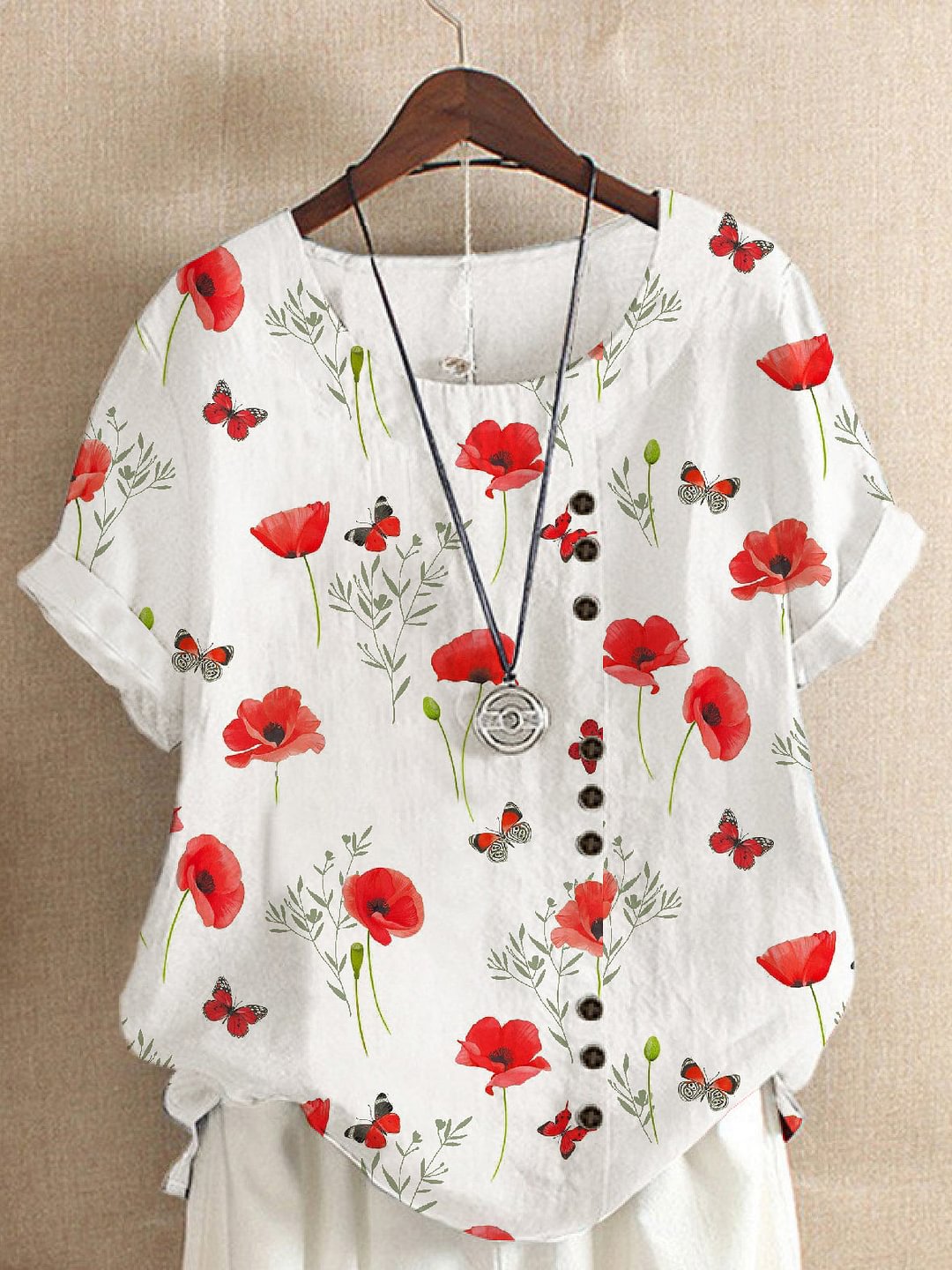 Women's Red Flowers Print Button Decoration Casual Linen Tee