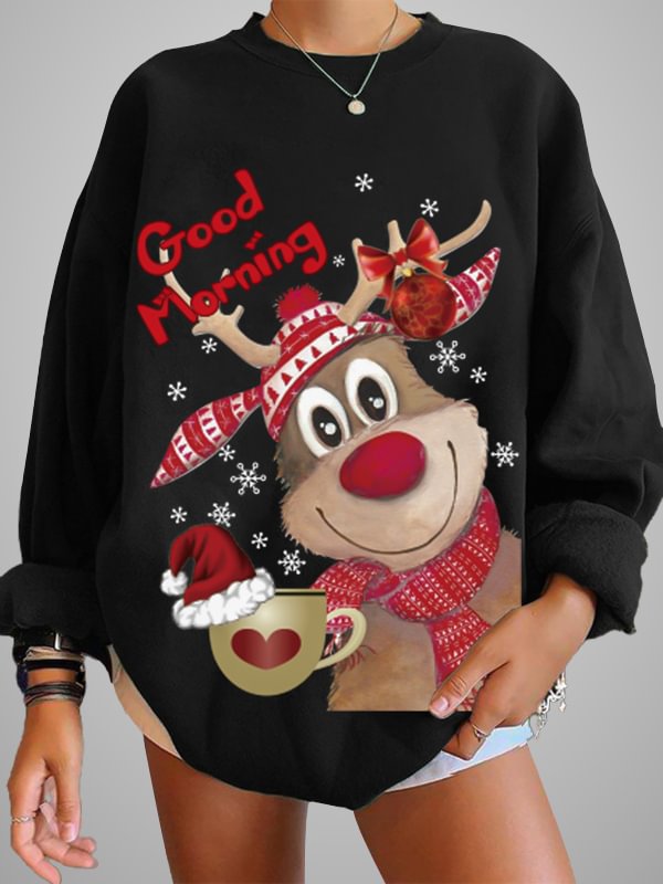 Christmas Costumes Chic Cute Cartoon Elk Printed Crew Collar Long Sleeve Brushed Sweatshirt