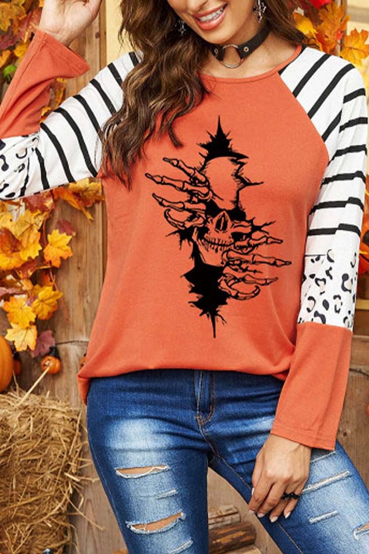Women's Pullovers Skull Print Striped Pullover-Mayoulove