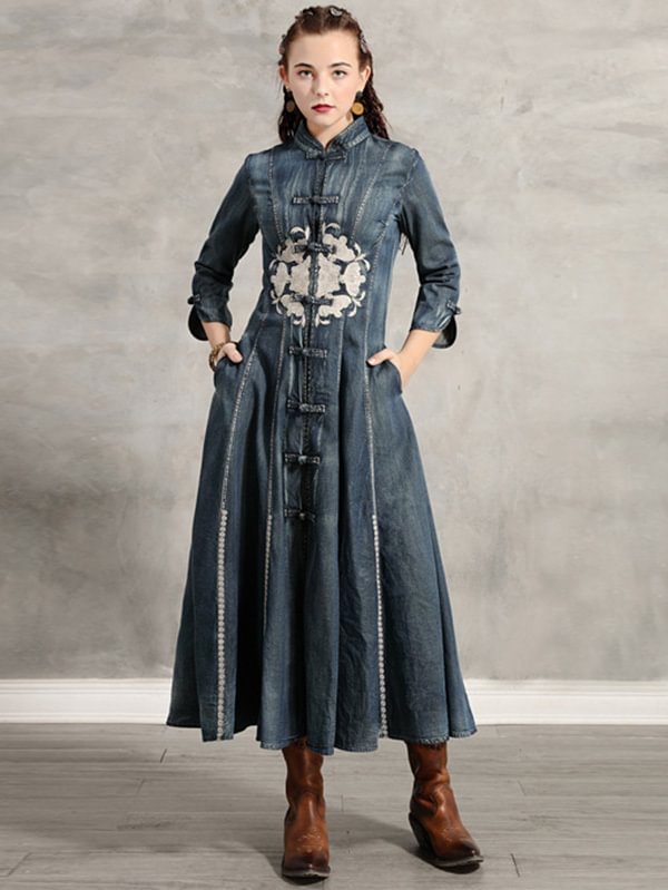 Denim Stand Collar Embroidered Midi Dress