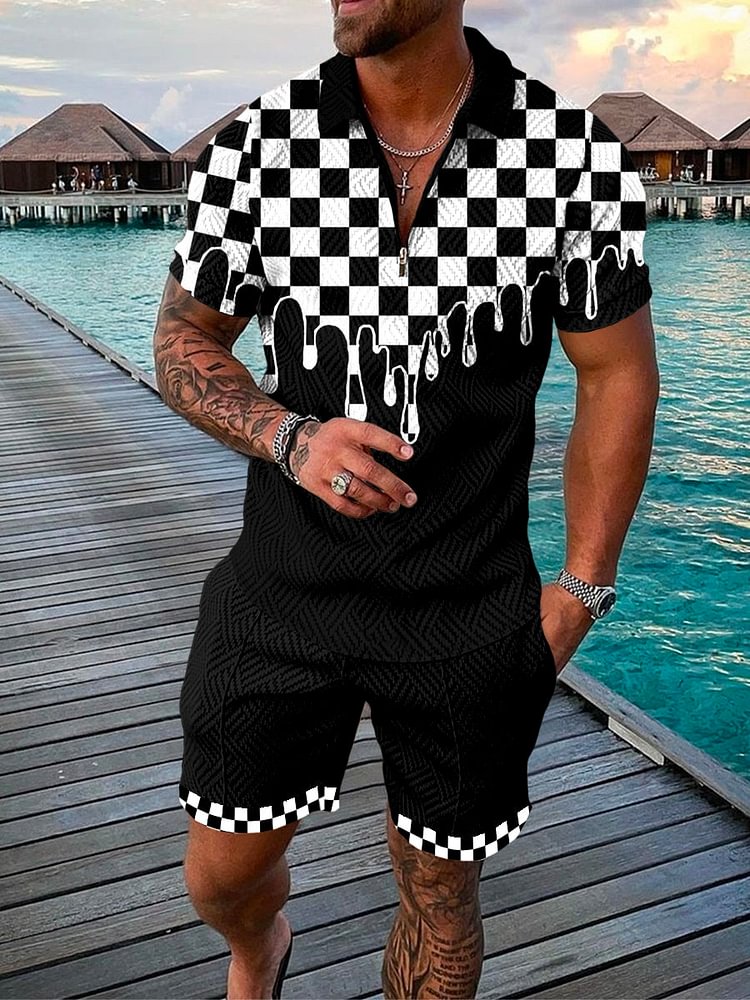 Men's Abstract Black and White Plaid Fluid Printing Polo Suit