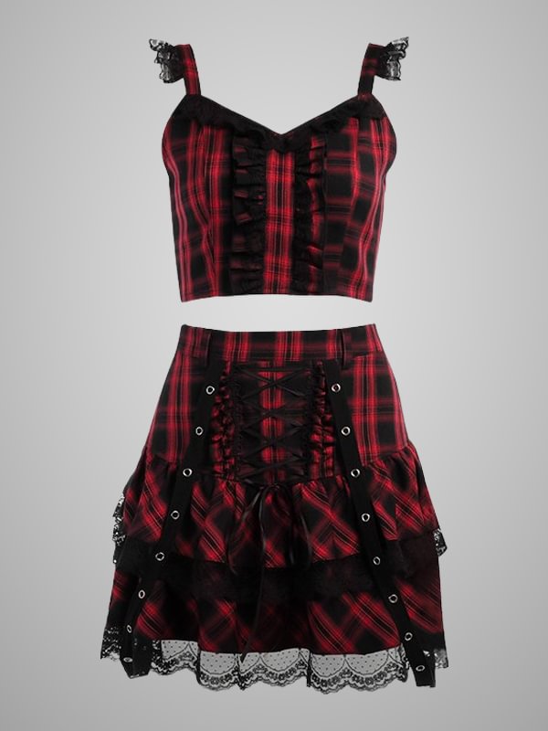Gothic Dark JK Style Plaid Lace Color-block Two-piece Set: V Neck Midriff Spaghetti + Tiered Belt Lace-up Skirt 