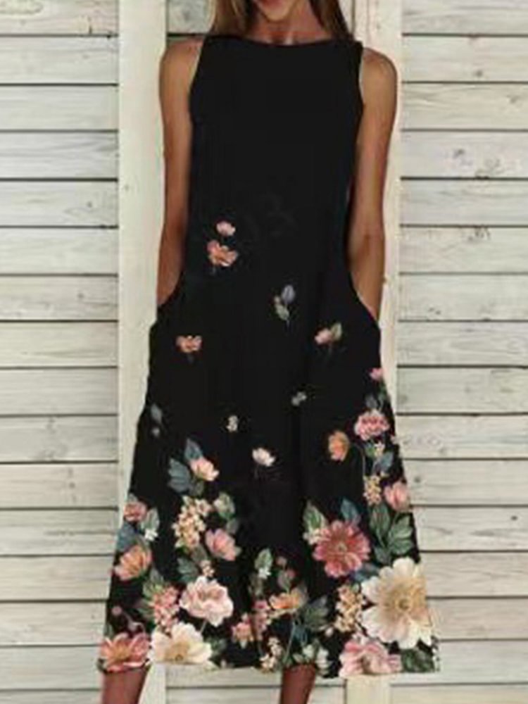 Women's Pastoral Black Sleeveless Floral Printed Dress