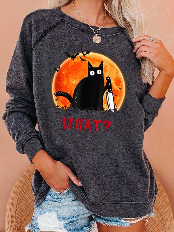 Killer Black Cat Printed Long Sleeve Sweatshirt