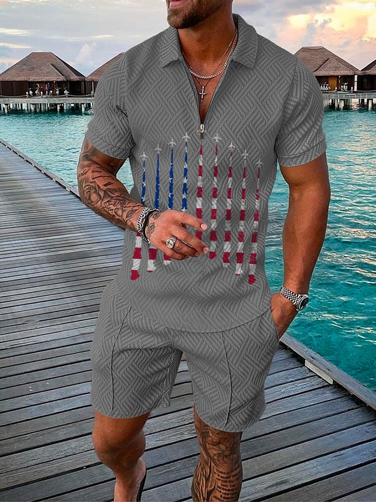 Men's Red and Blue Color Matching Printed Polo Suit