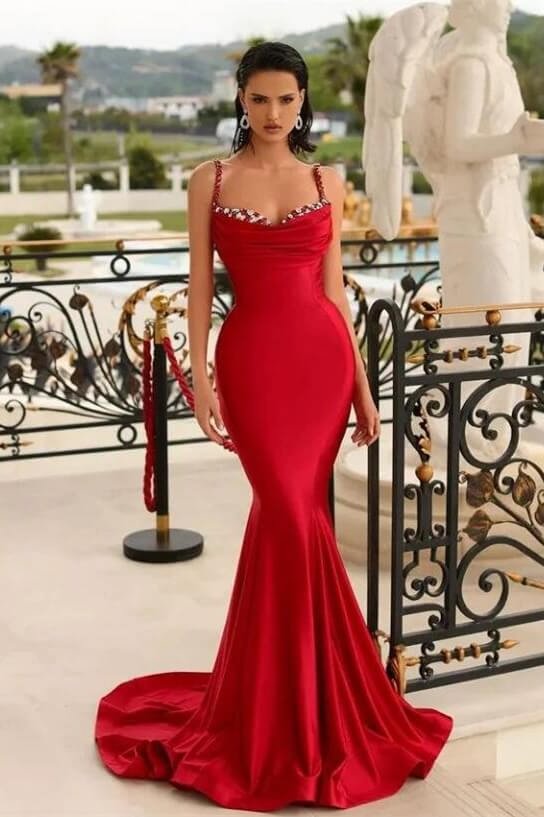 Luluslly Red Mermaid Long Evening Dress Straps With Beads Sleeveless