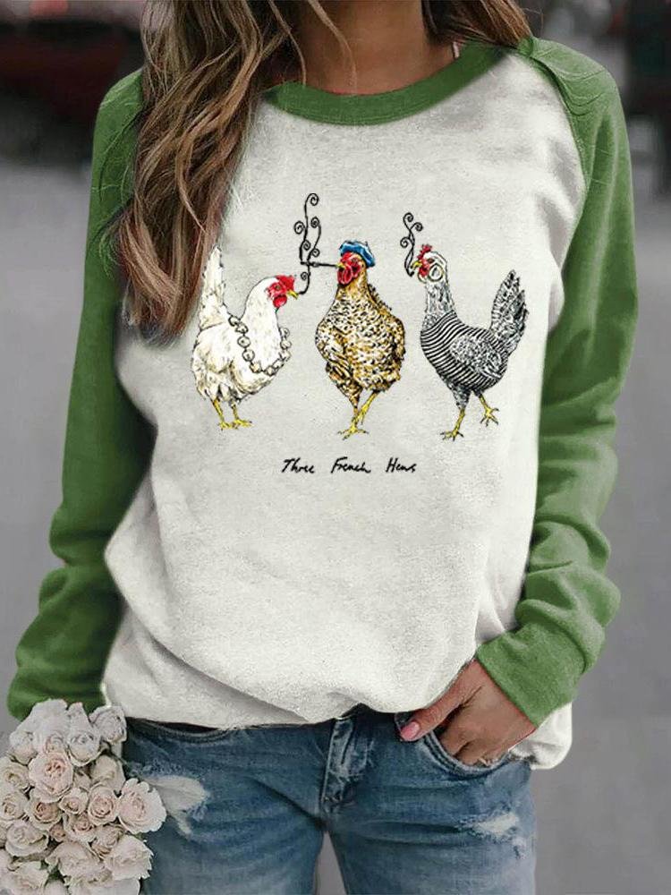 Chicken Print Round Neck Raglan Long Sleeve Sweatshirt-Mayoulove