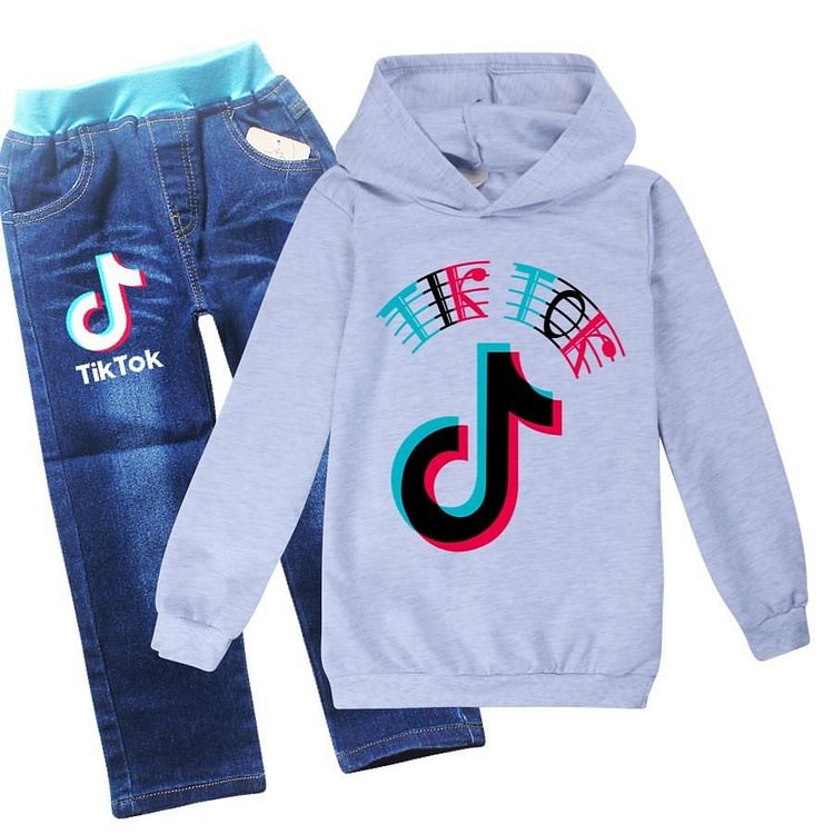 Tik Tok Printed 4-12 Years Boys Girls Hoodie And Blue Jeans Outfit Set-Mayoulove