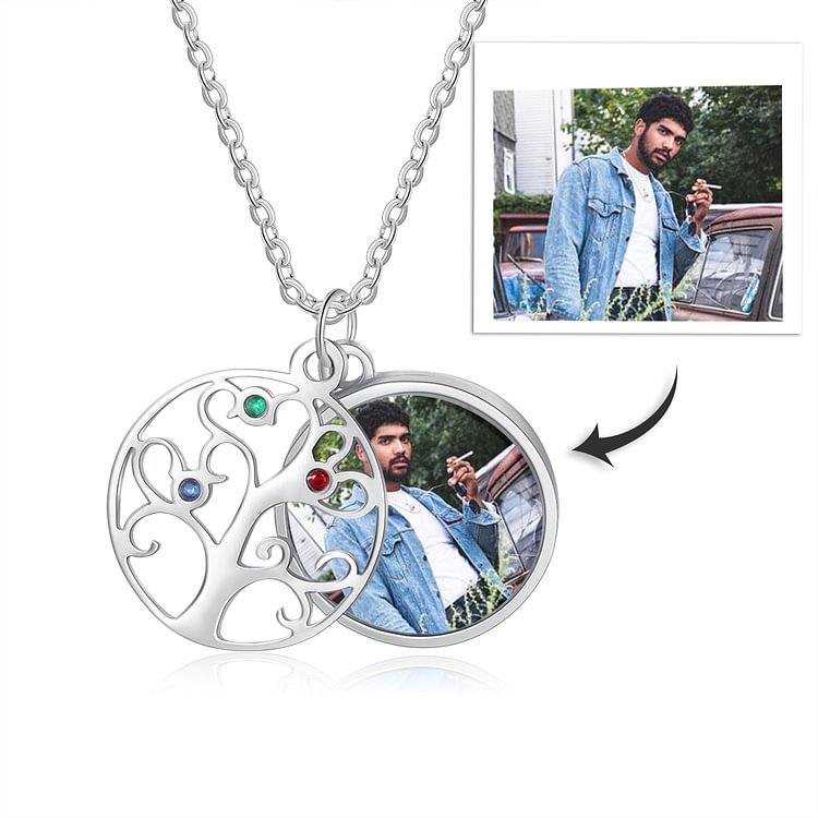 Family Tree Necklace Personalized With 3 Birthstones and Picture Tree Of Life Pendant, Custom Necklace with Pictures Inside