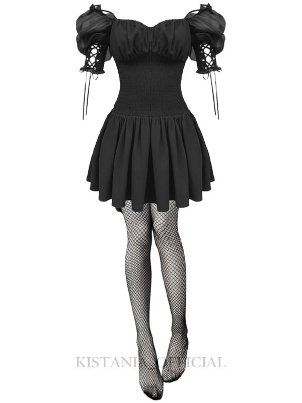 Solid Black Mesh Lace-up Gathered Off Shoulder Balloon Sleeve Dress + Sexy Black Fishnet Tights 2 Pieces Sets