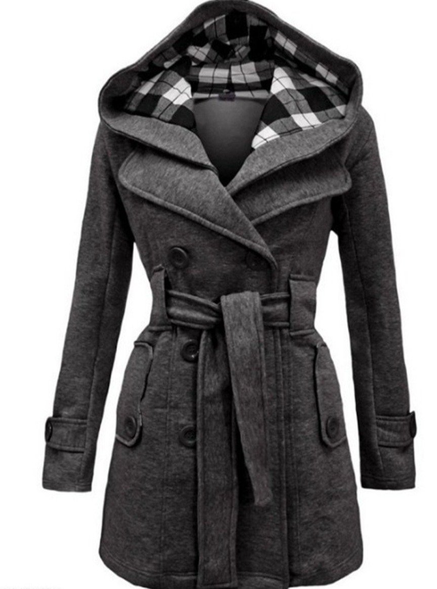 Checked Hooded Woolen Coat With Long Belt-Corachic